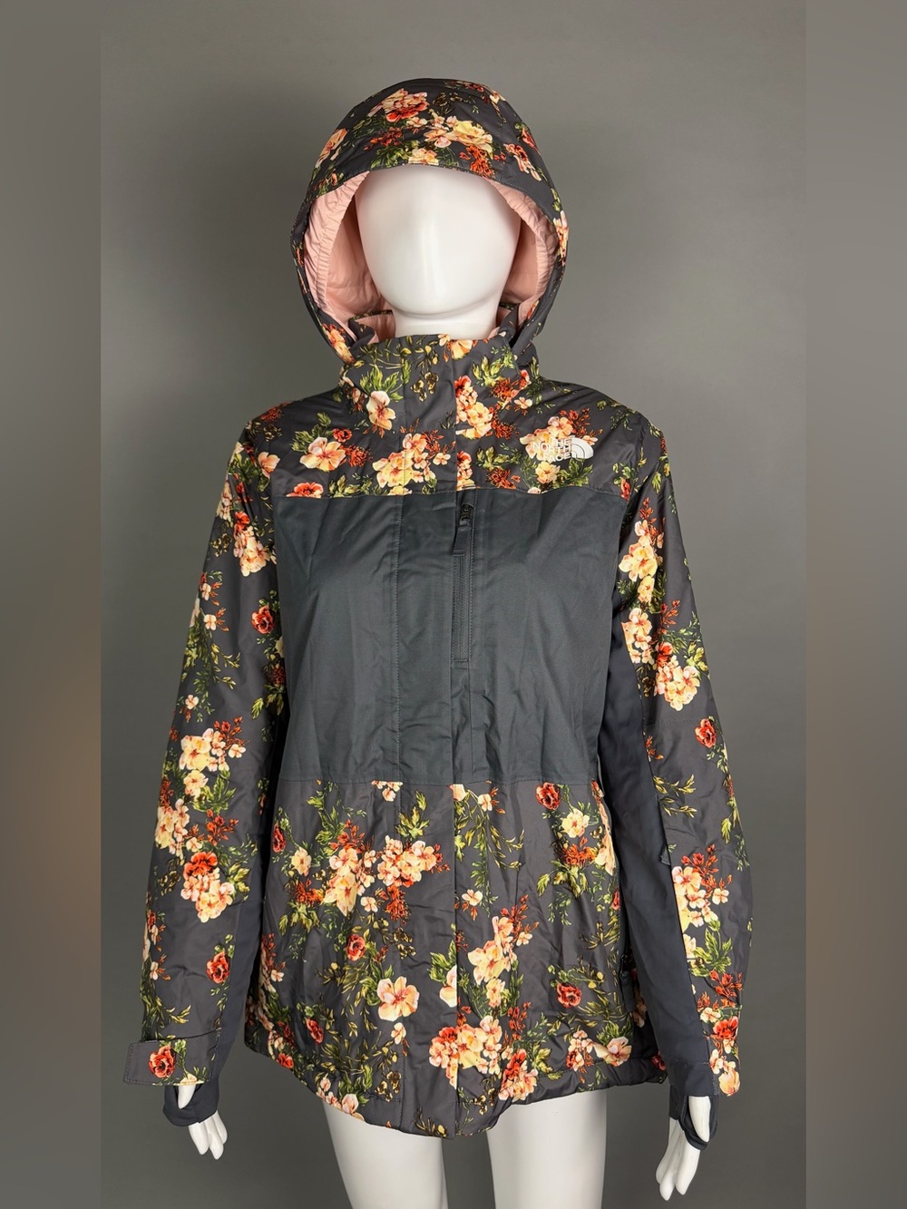 The North Face Women's Dark Gray Floral Hooded Ski Jacket with Pink Lining